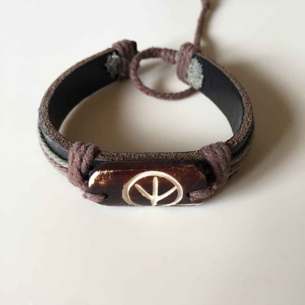 Peace Sign Pull String Cuff Brown Leather Bracelet